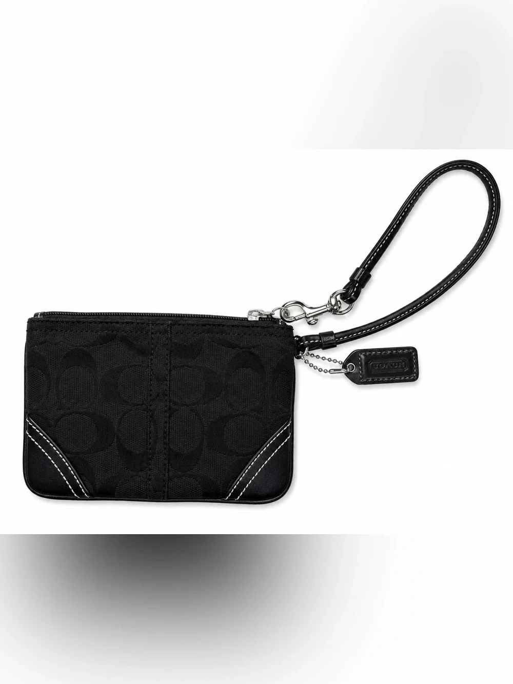 Coach Black Signature C Jacquard Wristlet Leather Trim Zip Pouch